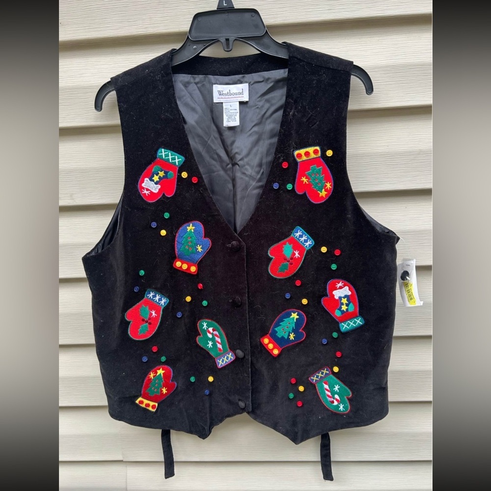 Vtg New Westbound L Christmas black velvet embroidered novelty vest